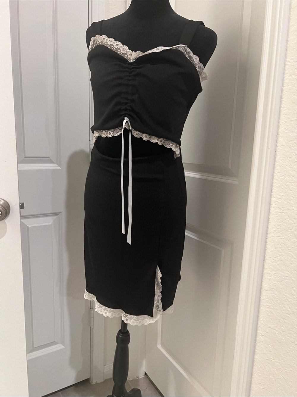 SHEIN Black Lace Trim Ruched Cami Slip Dress Size M